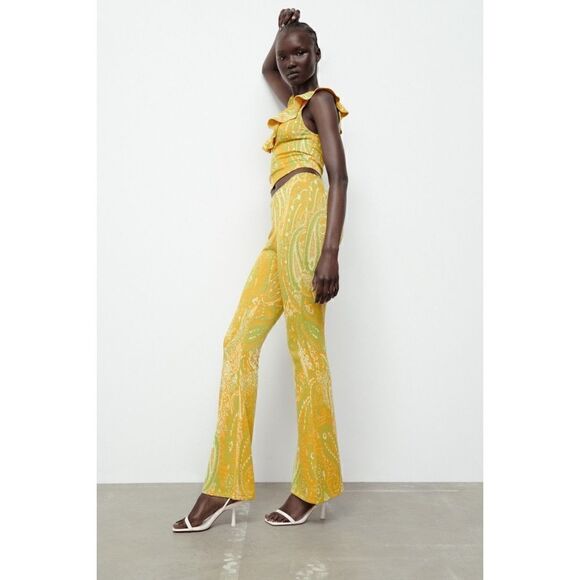 NWT Zara Yellow & Green Jacquard High Waisted Pull On Flare Pants, Size Medium - Picture 7 of 16